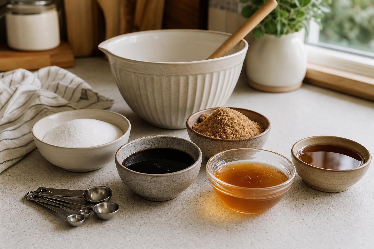 Bowls of sugar, molasses, honey, maple syrup, and coconut sugar on a kitchen counter for brown sugar substitutes.