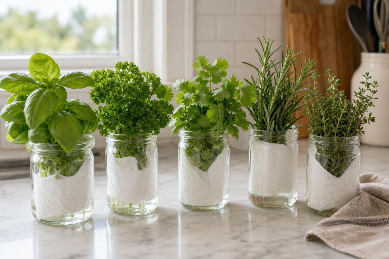 Fresh herbs stored in glass jars and paper towels on a kitchen counter