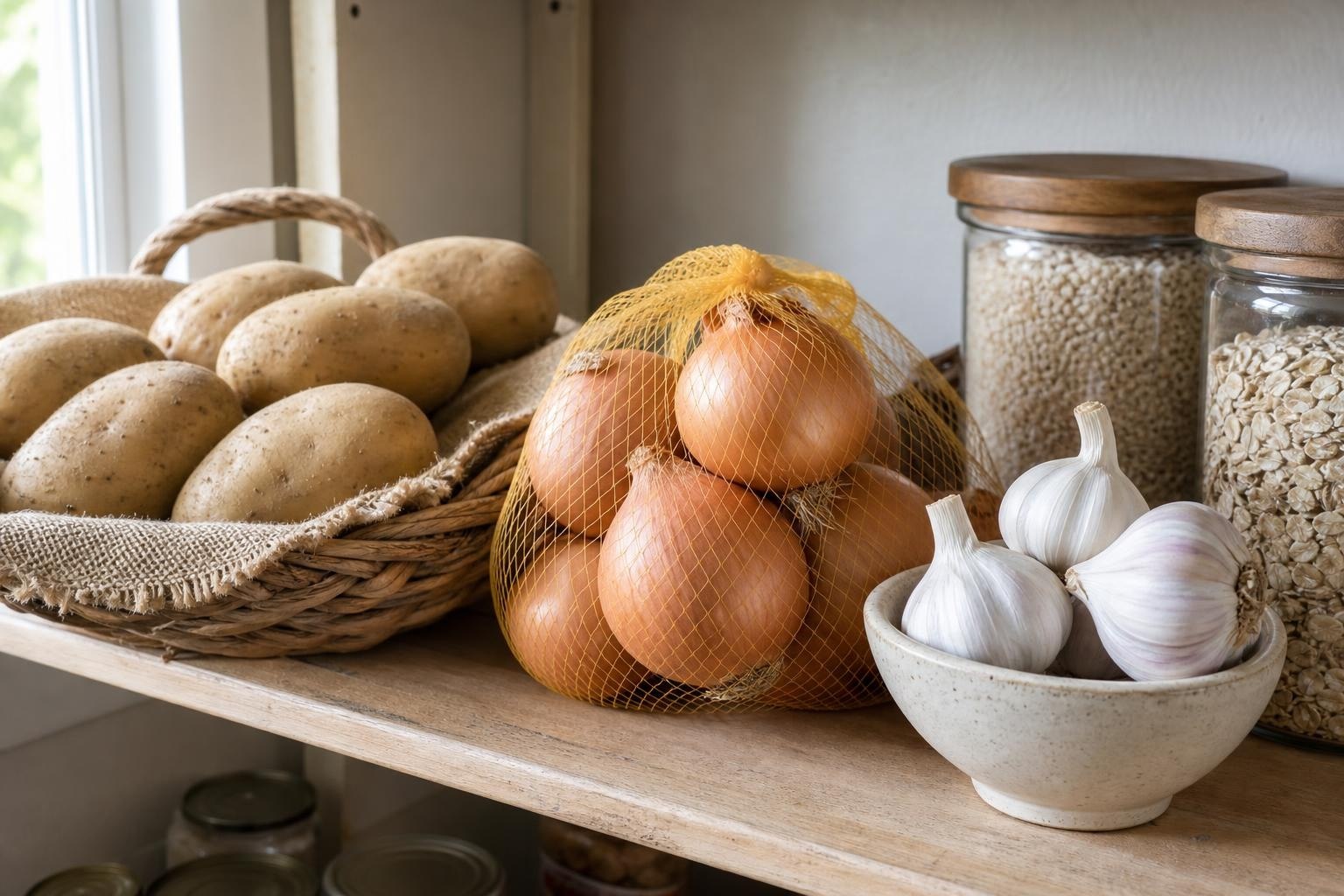 Potatoes, onions, and garlic stored separately in breathable containers on a pantry shelf.