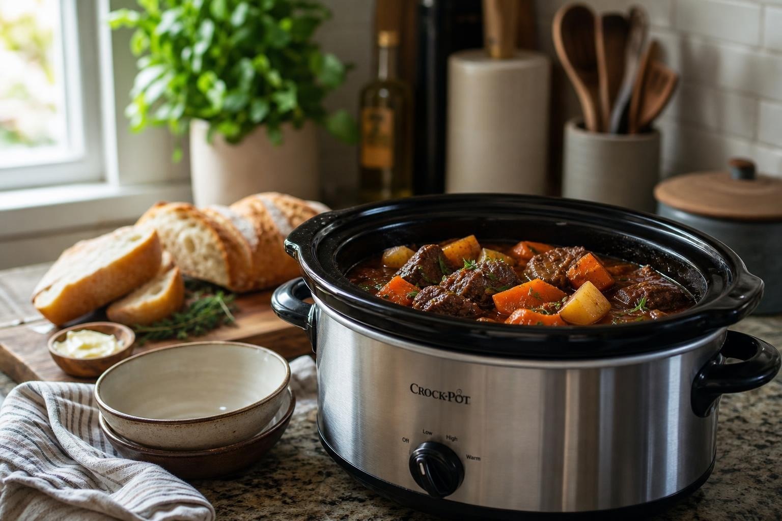 A slow cooker filled with hearty family dinner stew on a kitchen counter with bowls and bread nearby.