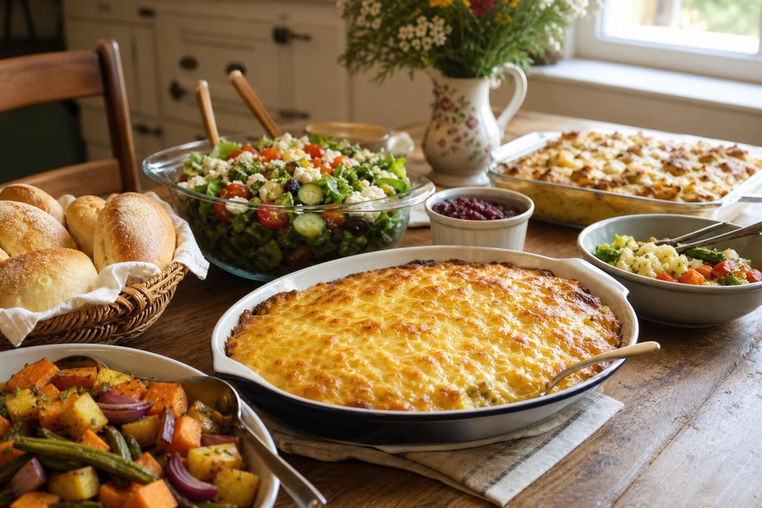 A family-style table with make-ahead casserole, salad, roasted vegetables, and rolls ready to serve.