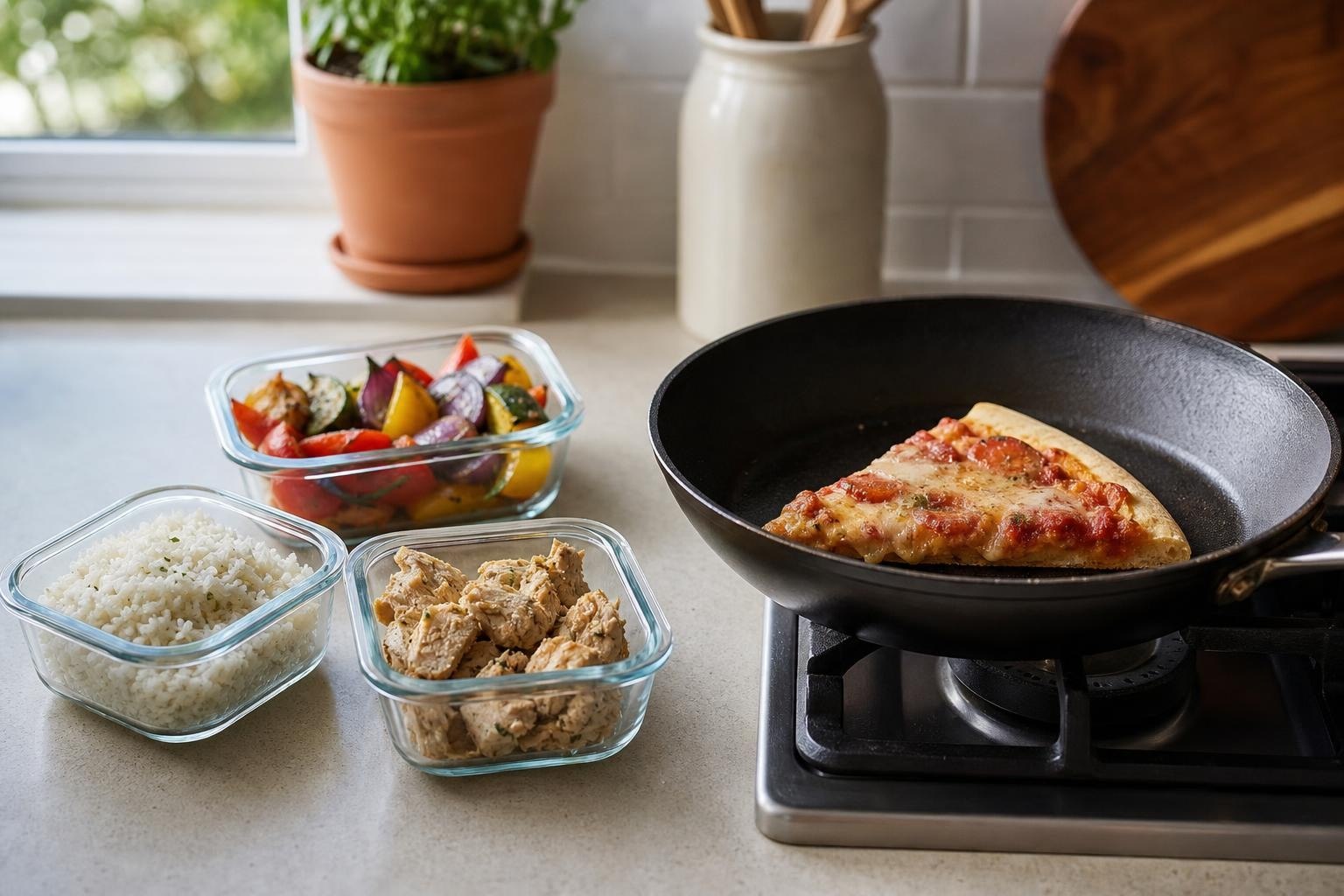 A home kitchen counter with leftovers being reheated in a skillet alongside containers of rice, vegetables, and chicken.